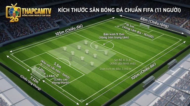 Sơ đồ chi tiết kích thước sân bóng đá 11 người chuẩn FIFA với chiều dài 105m, chiều rộng 68m và các khu vực chiến thuật.