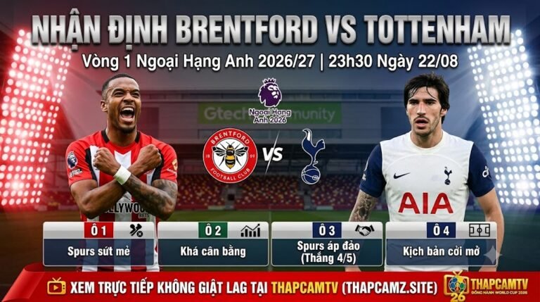 Ảnh bìa nhận định trận đấu Brentford vs Tottenham vòng 1 Ngoại Hạng Anh 2026/27. Tổng quan lực lượng, phong độ và dự đoán kịch bản trận đấu từ chuyên gia ThapcamTV.