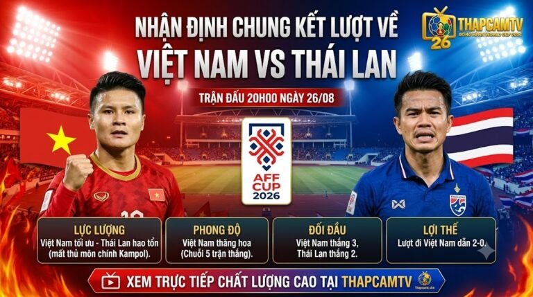Nhận định trận đấu Việt Nam vs Thái Lan chung kết lượt về AFF Cup 2026 ngày 26/08. Thông tin lực lượng, phong độ và lịch sử đối đầu chi tiết trên ThapcamTV.