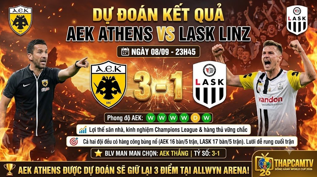 Chuyên gia BLV Man Man từ ThapcamTV dự đoán kết quả trận AEK Athens vs LASK Linz, phân tích phong độ và chốt tỷ số 3-1 nghiêng về đại diện Hy Lạp tại Allwyn Arena.