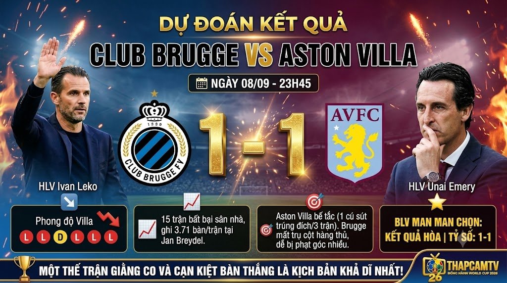 Chuyên gia BLV Man Man từ ThapcamTV dự đoán kết quả trận Club Brugge vs Aston Villa, phân tích phong độ và chốt tỷ số hòa 1-1 tại sân Jan Breydel.